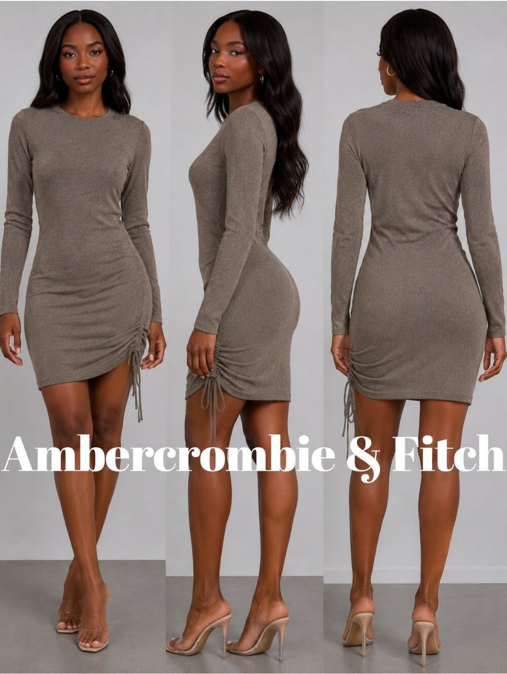 Abercrombie & Fitch Ribbed Long Sleeve Ruched Mini Dress - Taupe
